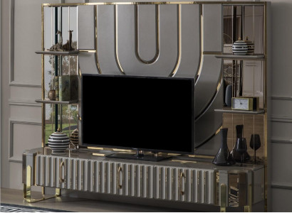 TV Ständer RTV Lowboard Sideboard Wohnzimmer Gold Grau Luxus Holz Neu